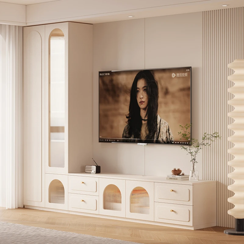 

Cream white living room, home TV cabinet, storage cabinet, integrated bookcase, combined background wall, floor-to-ceiling