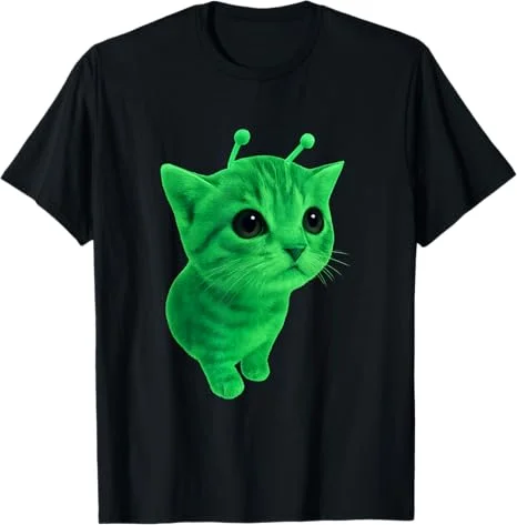 Neongrünes Alien-Katzen-T-Shirt im Retro-Stil der 90er Jahre. „Wirklich?“ T-Shirt mit Katzenmotiv, lustiges Katzen-Meme, Rundhalsausschnitt, lässig, kurzärmelig, für Männer und Frauen – Detail 3