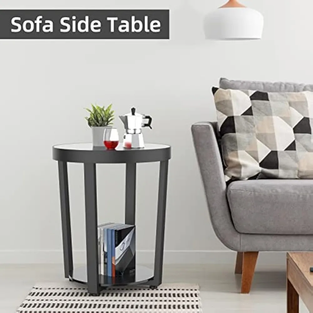 Round End Table, Tempered Glass End Table with Metal Frame, Small Coffee Table, Black Sofa Side Table for Living Room, Balcony 6