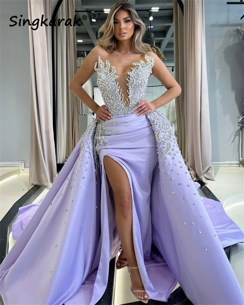 

Lilac Dubai Formal Prom Dresses With Detachable Train Beads Crystals Rhinestones Wedding Gowns Robes De Soirée Evening Gowns