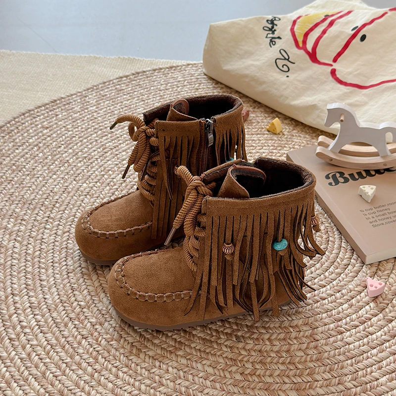 Kids Short Boots Ethnic Style Girls Princess Boots Fashion Versatile 2025 Winter New Children Fashion Casual Boots Suede Warm