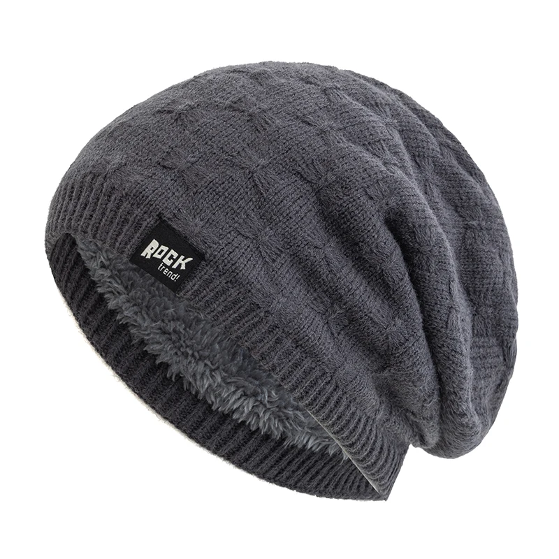 New Unisex Beanie Hats For Men & Women Warm Ski Winter Hat Rock Letter Label Decor Plush Lined Warm Knitted Hat
