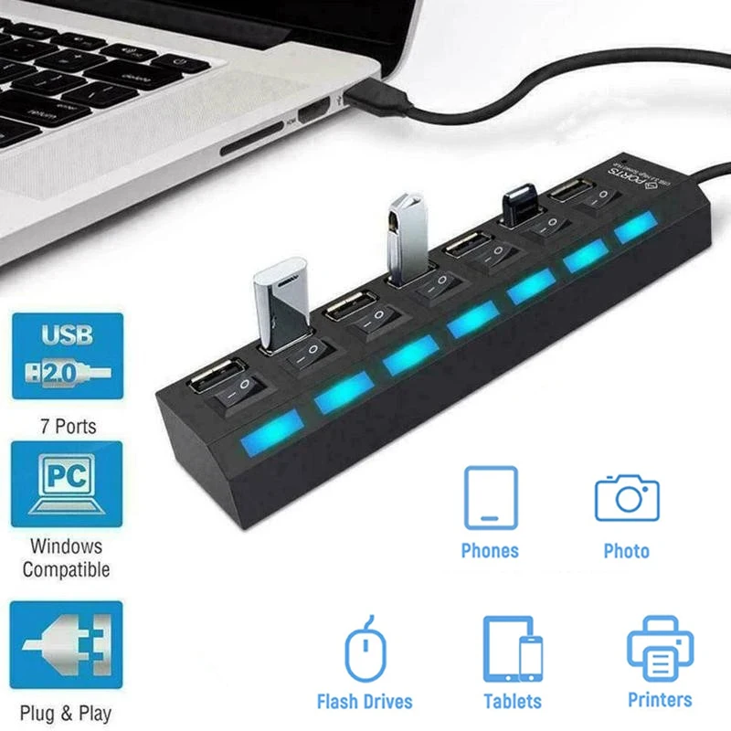 Hub Usb 2.0 Splitter Usb A Adattatore Usb Caricatore Multiplo A 7 Porte Con Interruttore Per Macbook Laptop Pc Computer Notebook Accessori