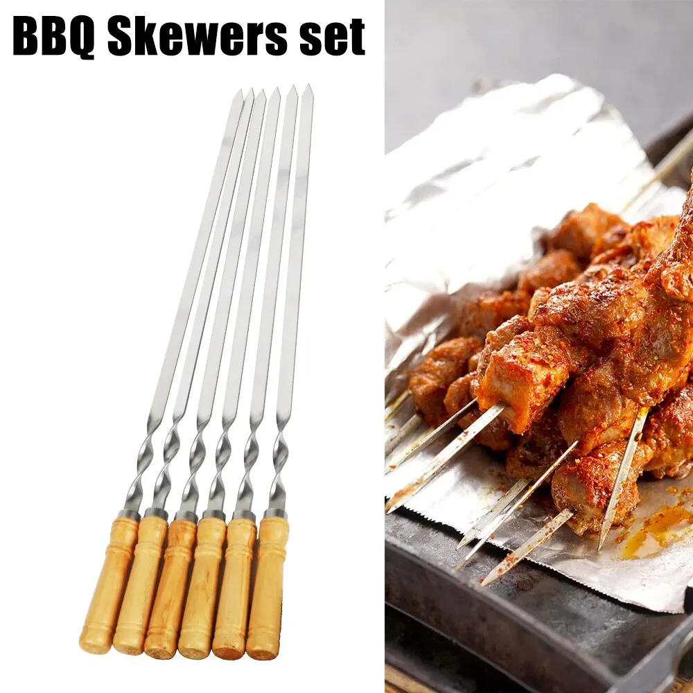 Long Handle Shish Kebab Wood BBQ Fork Stainless Steel Outdoors Grill Needle Barbecue Grill Stick BBQ Skewers 55cm 21.65" barbecue skewers,barbecue tools