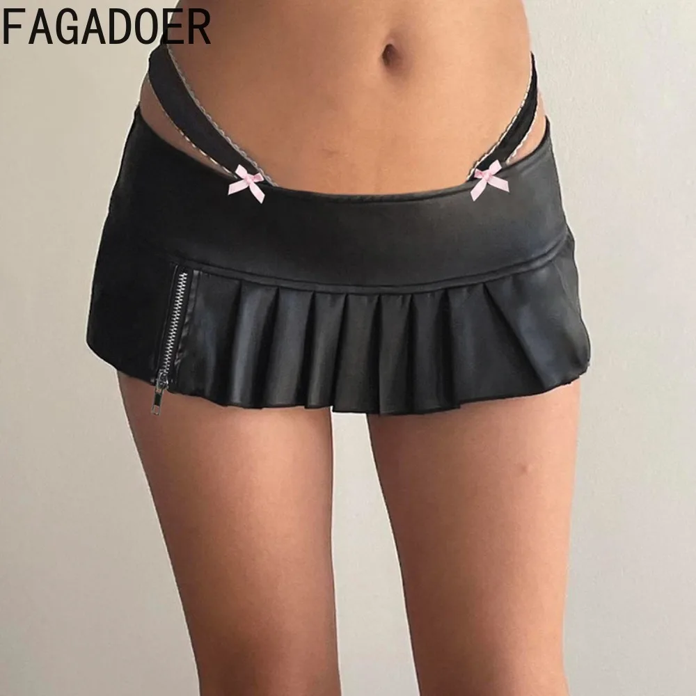 FAGADOER Fashion Y2K Streetwear Women Low-waisted PU Leather Pleated Mini Skirts Sexy Female Hollow Out Bow Zipper Bottoms 2024