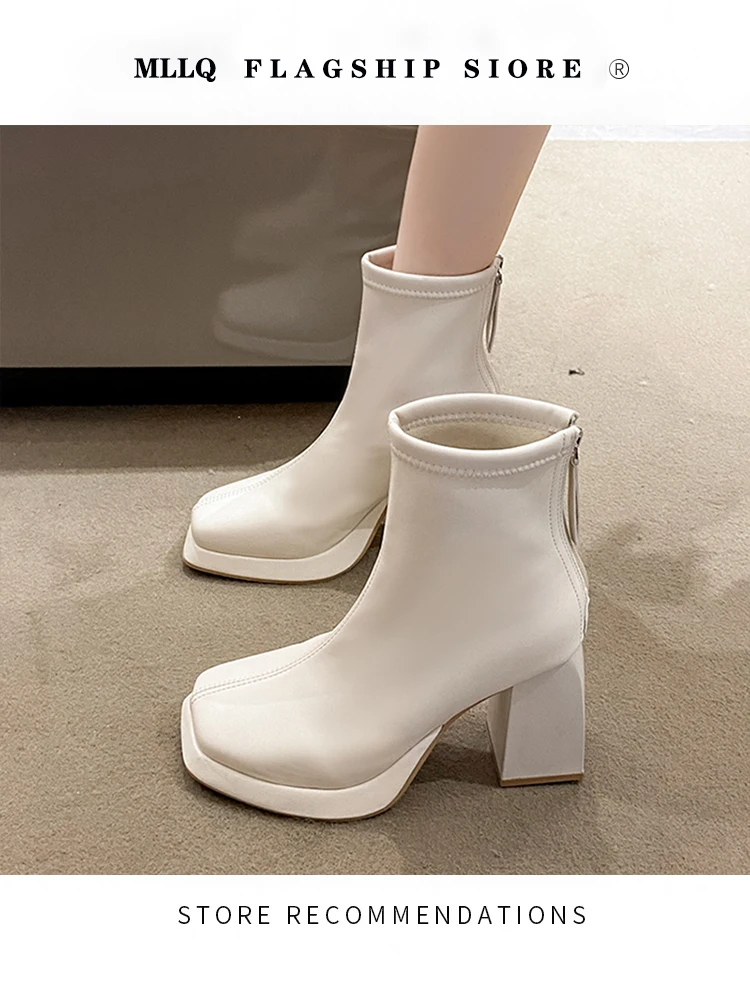 

Women's Rubber Boots Shoes Zipper Boots-Women Chelsea Rain High Heel 2024 Ankle Autumn Ladies Fabric Sewing PU Pumps Solid Squar