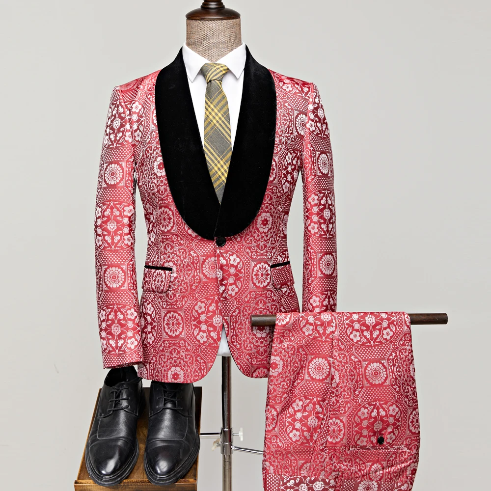 

New Luxury Mens Wedding Black Lapel Suits Red 2 Pieces Custom Groom Suit Dress Tuxedo Slim Fit Jacquard Blazer Jacket Pants Set