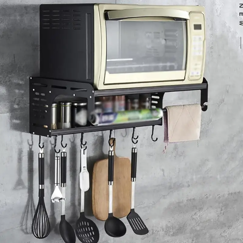

Space Aluminum Microwave Oven Rack Wall Mount Kitchen Organizer Oven Bracket Seasoning Spices Bottle Tools Storage Shelf 2 Layer