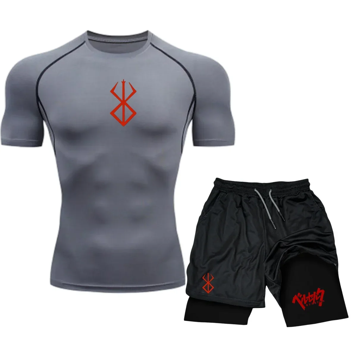 Men's Compression Sportswear Suit Gym Short Sleeved T-Shirt Sports Set Goku 2Pcs Workout Jogging Shorts 2 in 1 Fitness Tracksuit