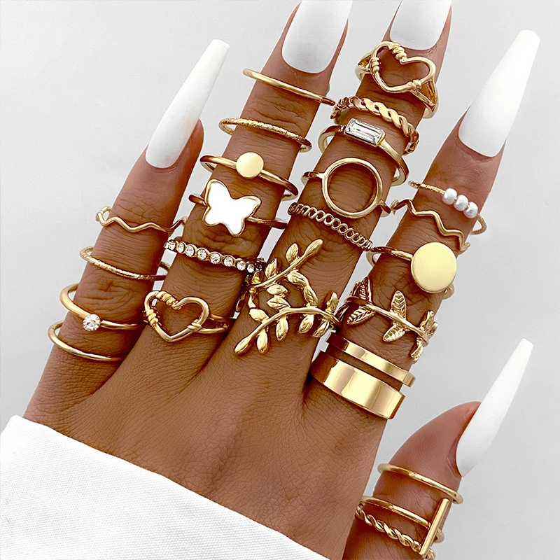 Vintage Gold Color Butterfly Rings Set For Women Fashion Heart Leaves Geometric Twist Ring Hollow Jewelry Trendy Accessories New