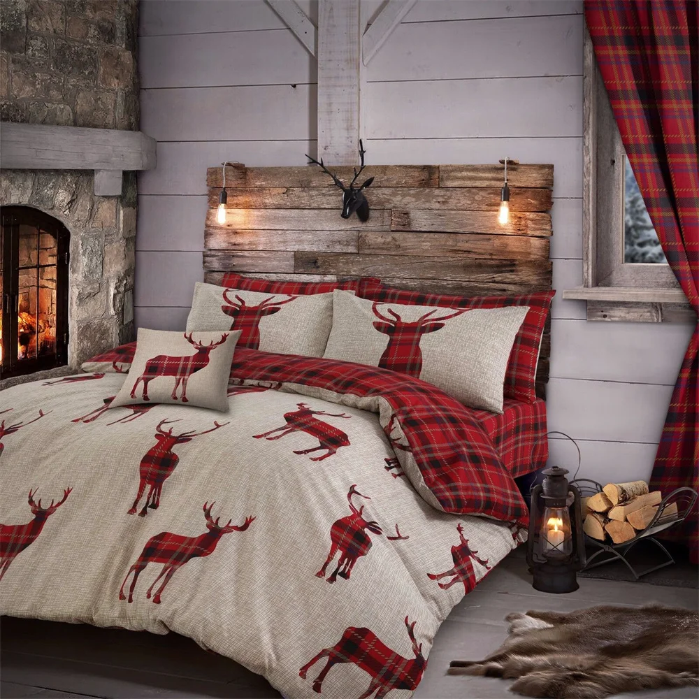Merry Christmas Duvet Cover Tartan Deer Reversible Check Duvet Cover Set Comforter Cover Bedding Set Red Festival Decorations