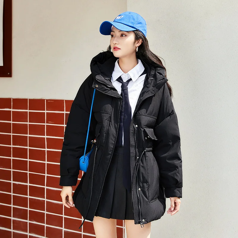 Semir Down Jacket Women Mid-Length White Duck Down Loose Drawstring Slimming 2023 Winter Waist Hooded Thick Down Jacket