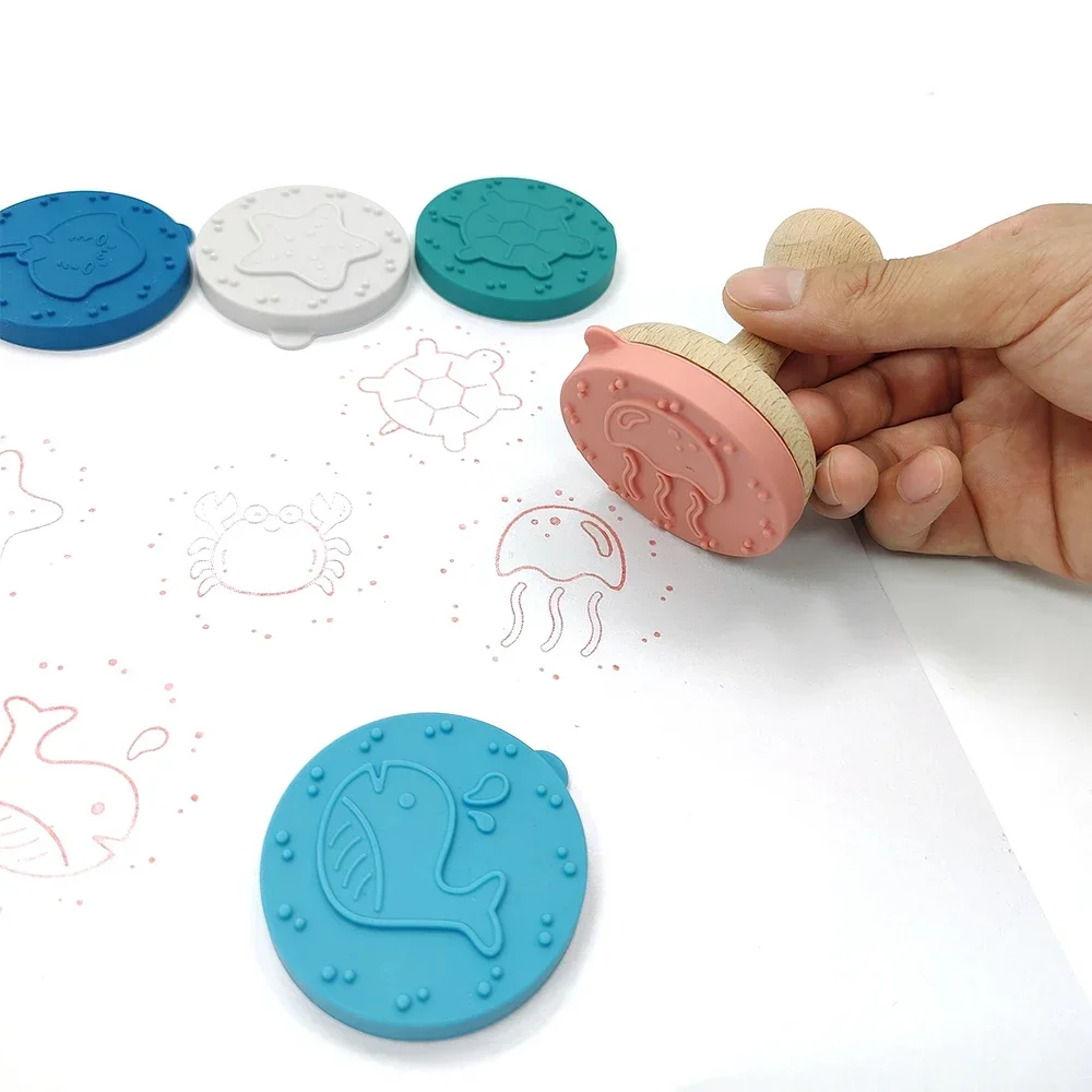 Children's Toy Environmental Cartoon Handle Round Wooden Silicone Stamp For Kids