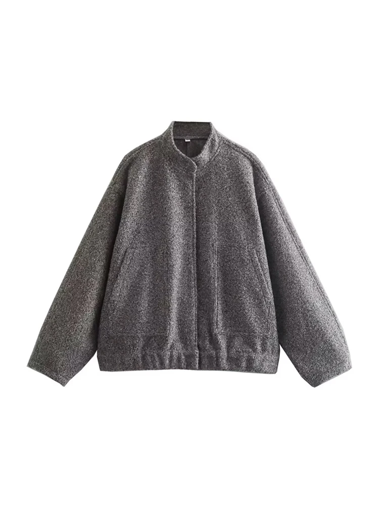 

Women Fashion With Pockets Oversized Bomber Jacket Coat Vintage Long Sleeve Snap Button Female Outerwear Chic Tops