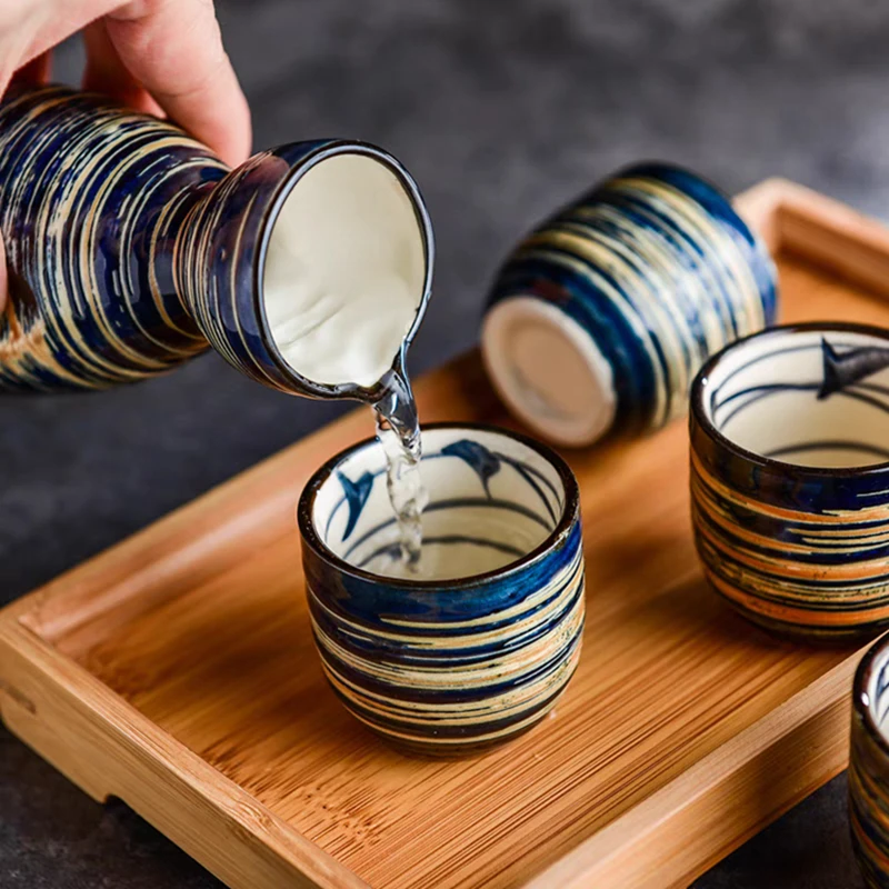 Ceramic Sake Set Blue Porcelain Saki Set with 1 Sake Carafe 4 Sake Cups 150ml