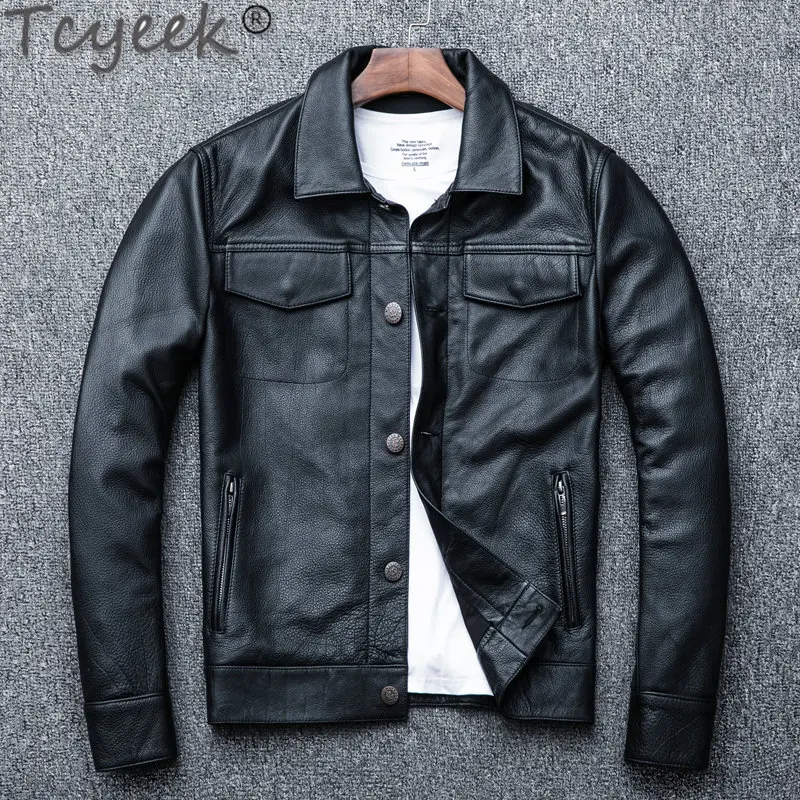 

Tcyeek Genuine Cowhide Leather Jackets Man Autumn Spring Short Slim Coat Men Clothing Label Motorcycle Jacket Chaquetas Hombre