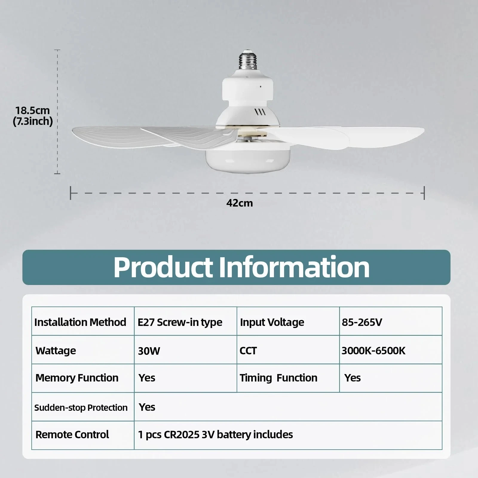 Ceiling Fan Light LED 30W E27 With Remote Control for Dimming, Suitable for Living room, Study, Household Use, 85-265V