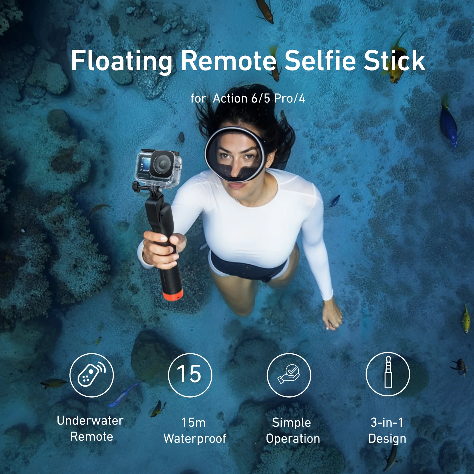 TELESIN Draadloze afstandsbediening voor onderwaterduiken, uitschuifbare selfiestick, statief en drijfhandvat voor DJI OSMO Action 6_voghion.com