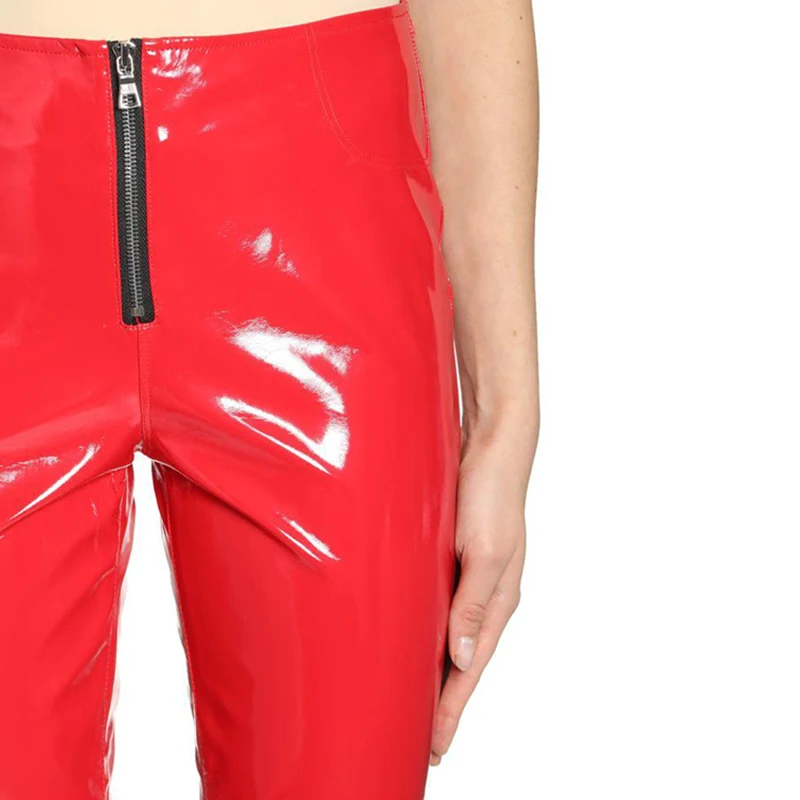 Women's High Waist Shiny Patent Leather Pencil Pants, Casual PU Leather Trousers, Slim Stretch Bodycon Pants, Pocket Fashion