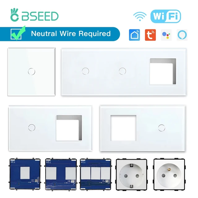 BSEED Wifi 1/2/3Gang Touch Smart Switches Function Parts Tuya Smart Life App Compatible EU Socket Glass Front Panels Spare Parts