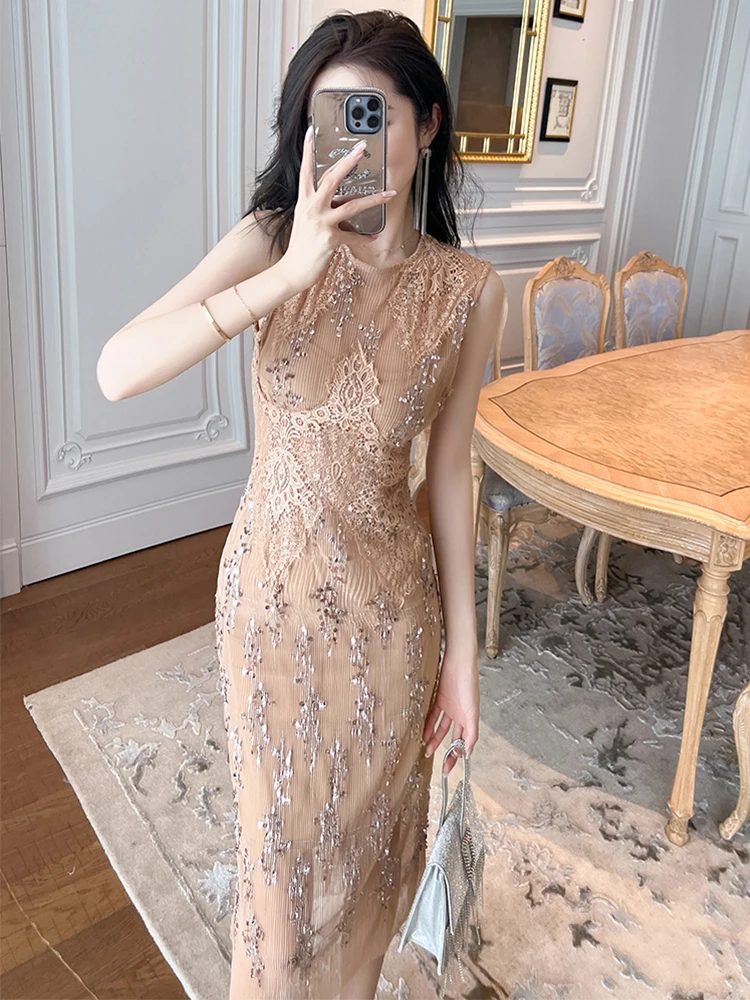 Luxury Elegant Evening Dress for Woman French Style Sexy Shiny Sequins  Sheer Mesh Slit Robe Female Party Runway Prom Vestidoss - AliExpress  200000345