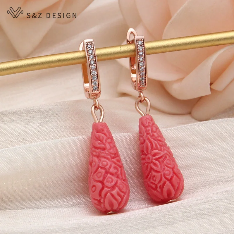 S&Z DESIGN New Fashion Water Drop Carve Flower Synthetic Shell Dangle Earrings For Women Wedding Cubic Zirconia Jewelry Gift