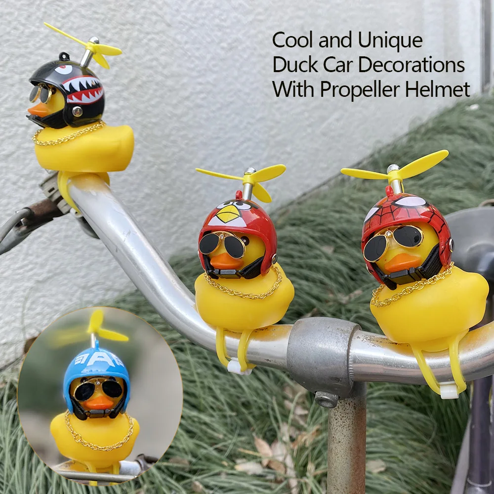 Gummi gebrochener Wind Ente Fahrrad Motorrad Auto Ornamente gelbe Ente Auto Armaturenbrett Dekoration mit coolen Brille Propeller Helm – Detail 6