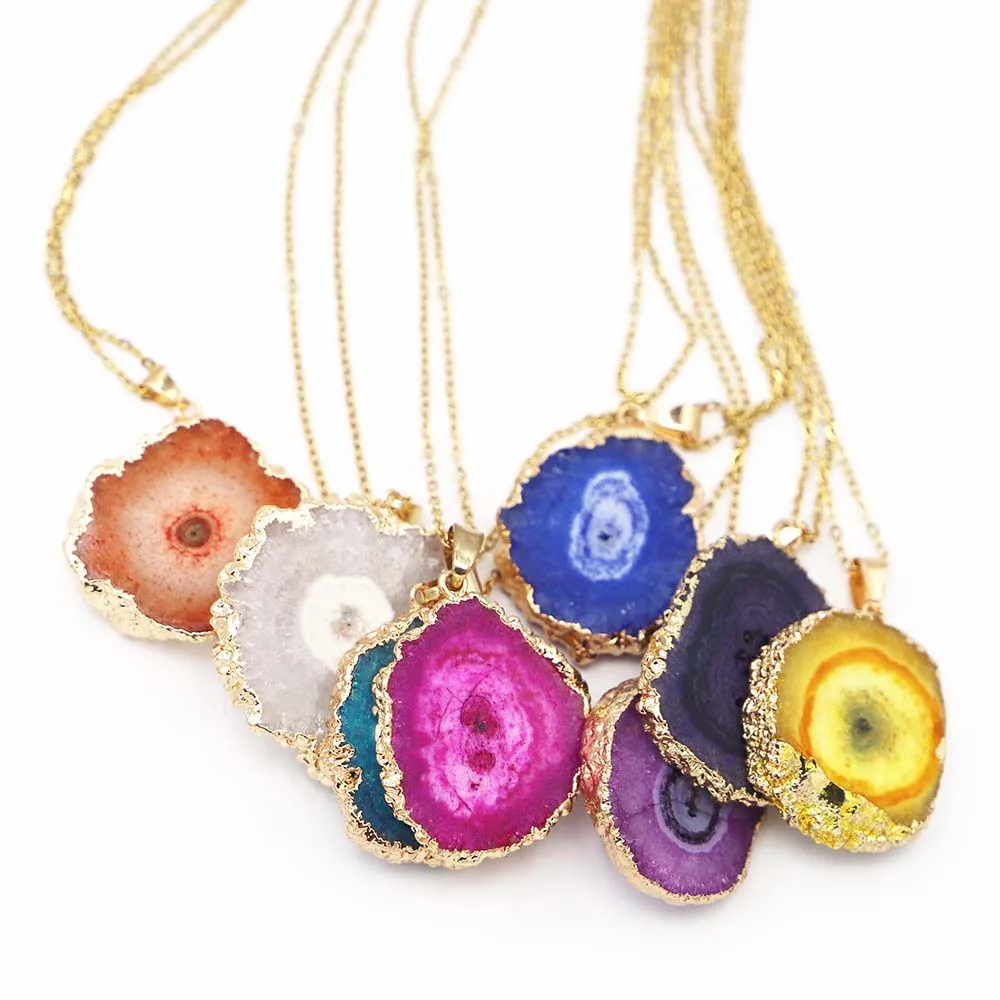 New Natural Stone Irregular Sunflower Druzy Agate Necklace Purple Rose Red Pendant Reiki Charms Women Healing Jewelry Gifts 4PCS