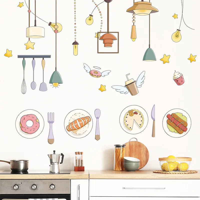 Cartoon Chandelier Plate Food Wall Stickers 2pcs Self-Adhesive PVC Stickers On Kitchen And Dining Room Walls