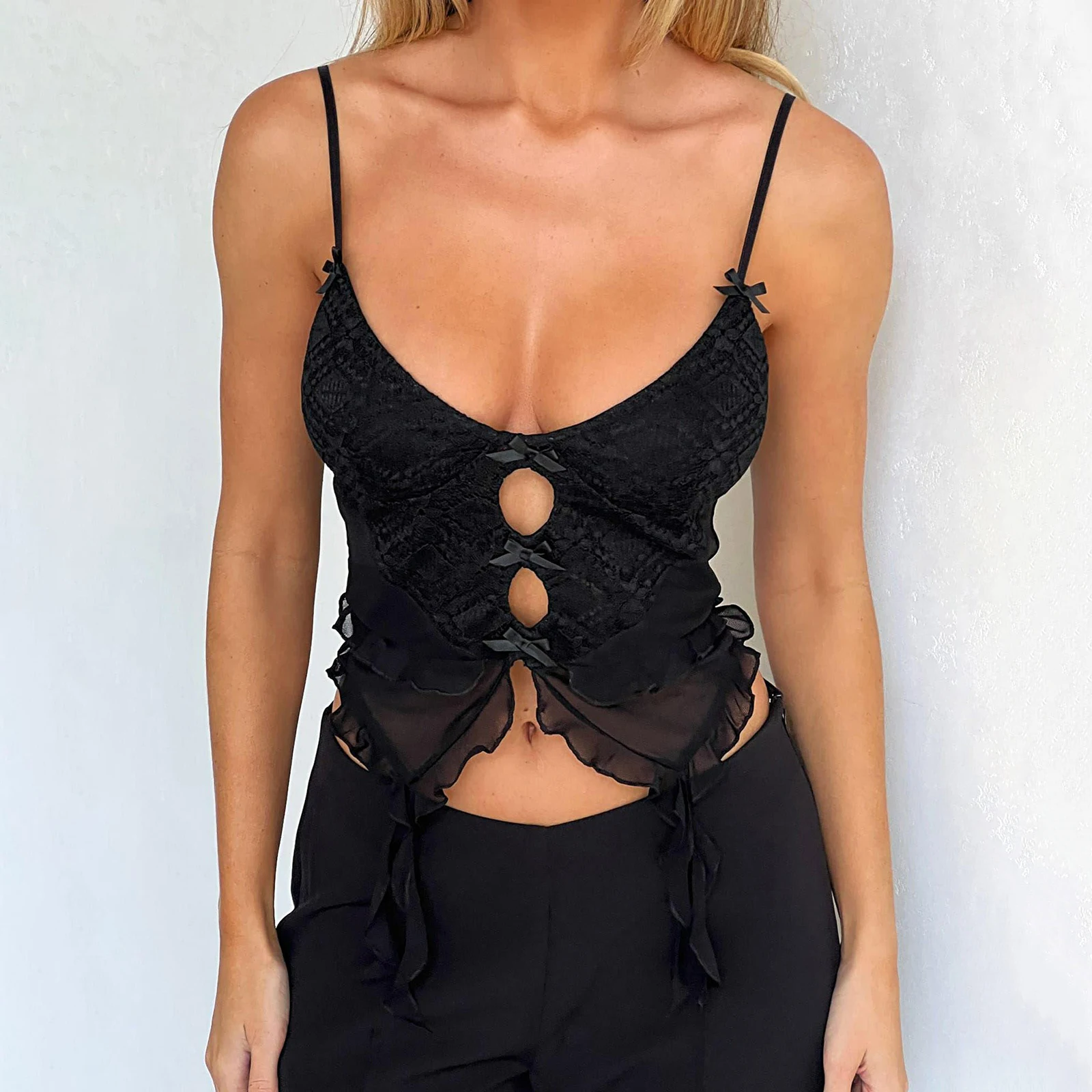 Sexy Lace Camis Mesh Patchwork Low Cut Sleeveless Strap Tank Vintage Fairy Streetwear Crop Tops