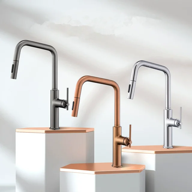 Brushed Rose Gold ดึงก๊อกน้ําห้องครัวแปรงทองก๊อกน้ําอ่างล้างจานทองเหลืองอ่างล้างจาน Tap หมุน Spout Mixer Tap ร้อนเย็นน้ํา Crane 4