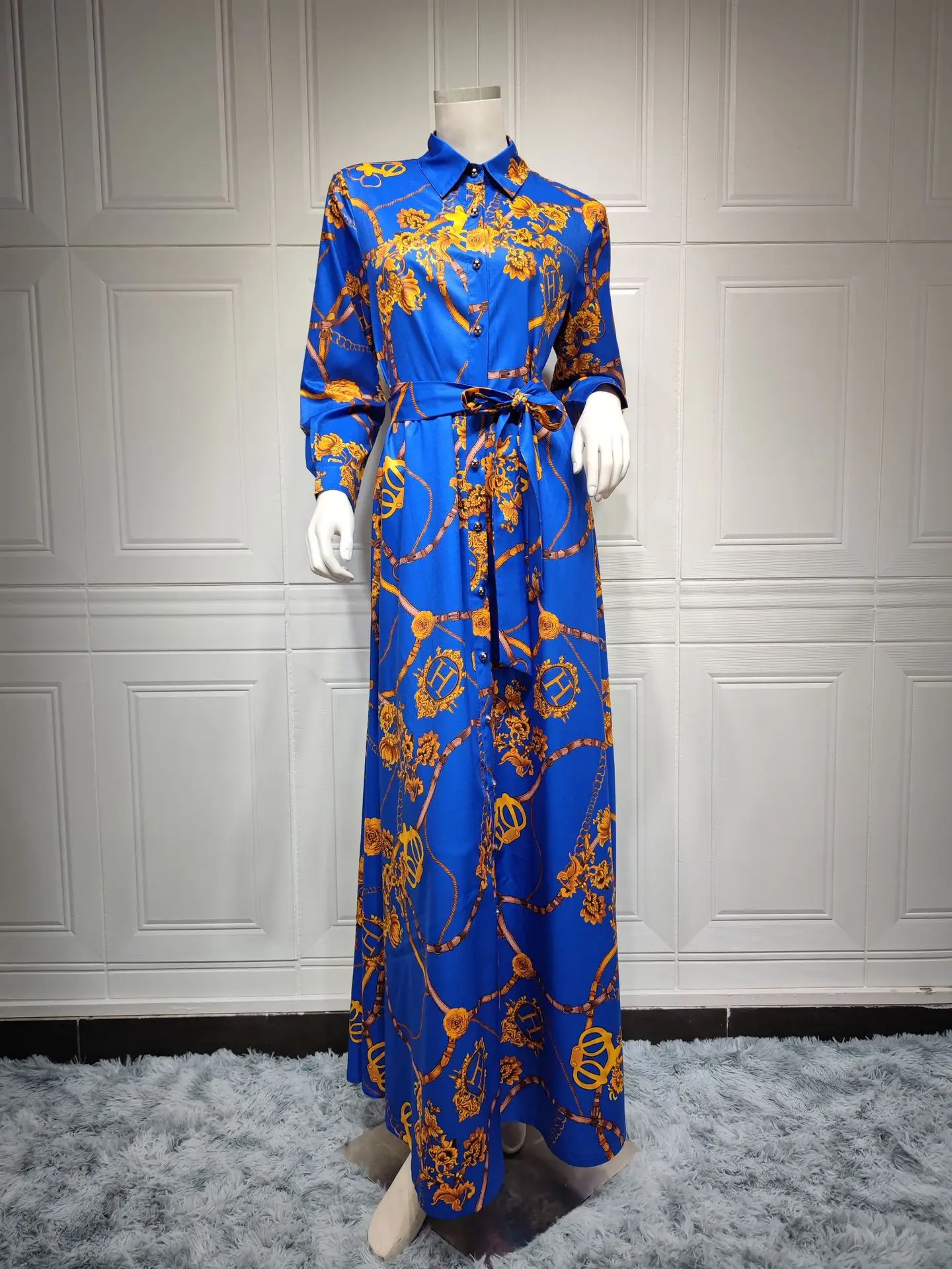 Muslim Dress Women Maxi Middle Eastern Print Lace-up Dress