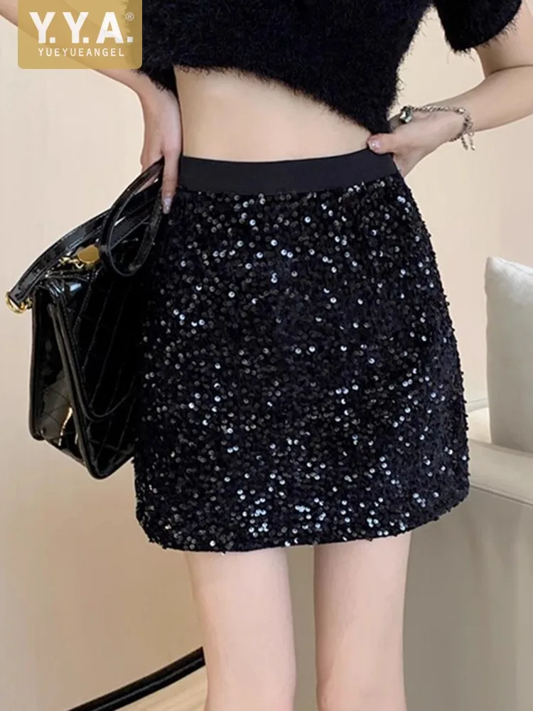 

French Style Elegant Women Shiny Sequined Mini Skirt Slim Fit Ladies Casual Night Clubwear A Line Bling Bling Short Wrap Skirt