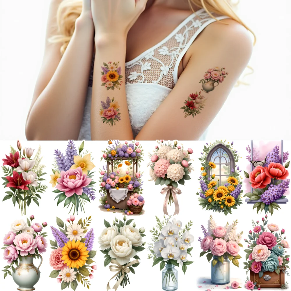 63 Stück temporäre Tattoo-Blumenaufkleber, Illustration, dekorative Aufkleber, temporäre Tattoo-Aufkleber für Schultern, Wangen – Detail 12