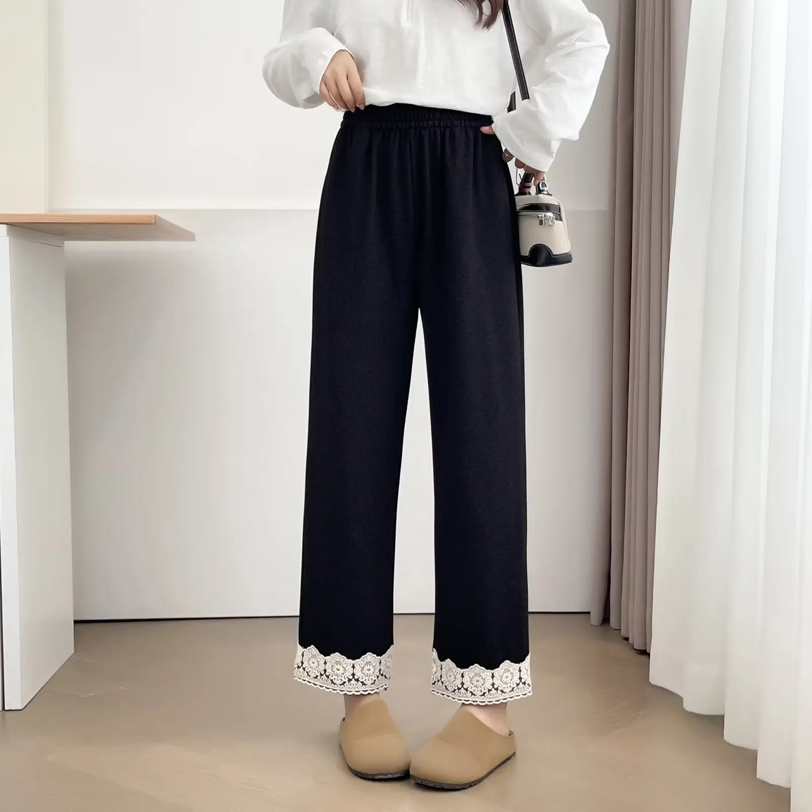 Fashion Plus Size Women's Straight Leg Pants Autumn New Style Casual Lace Hem Ankle Length Bottoms 2551