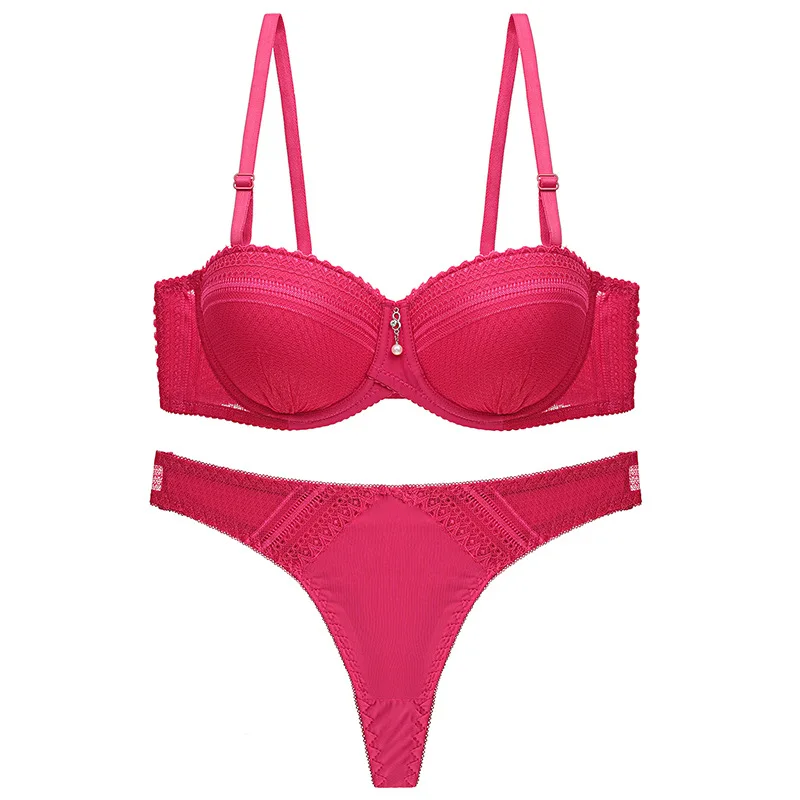 Plus Size Bras Set Women Thong 1/2 Cup Brassiere Panty Adjustable straps Push Up Soild Color Underwear Underwired Lingerie Sets