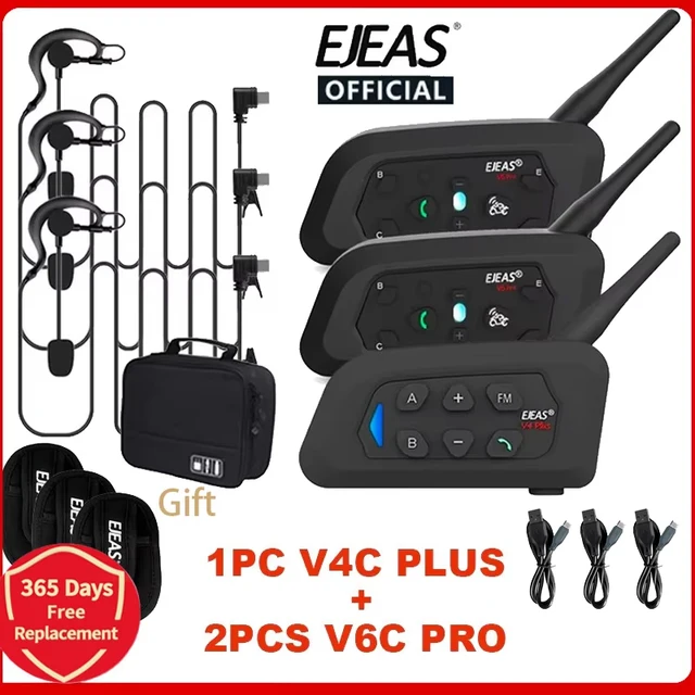 EJEAS V4C PLUS+2PCS V6C PRO 1200M Full Duplex Bluetooth Headset Football Conference Intercom 3 User Referee Intercom Headset