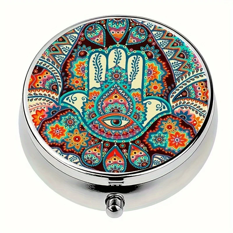 Hamsa Hand Cartoon Theme Mini Pill Box-3 Grid Medicine Organizer,Portable Compact Travel Only,Gift Small Pill Box for Wallet