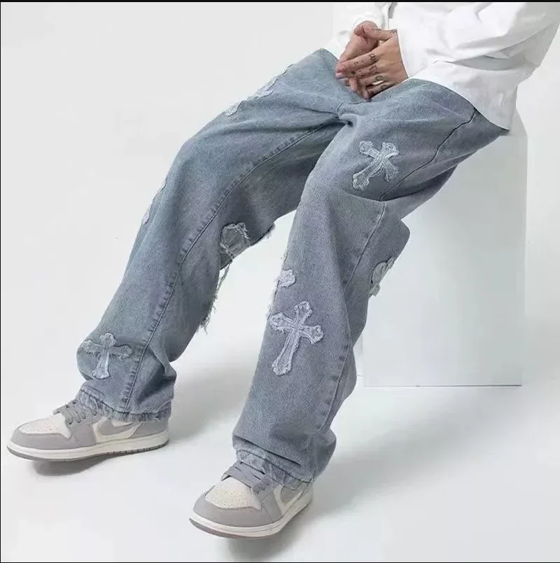 thumbnail image 1 of Pantalones vaqueros con bordado de patchwork y estrellas de la moda estadounidense, pantalones holgados de gran tamaño para hombre, ropa Y2K, pantalones rectos de estilo hip hop, ropa de calle, 1 of 5