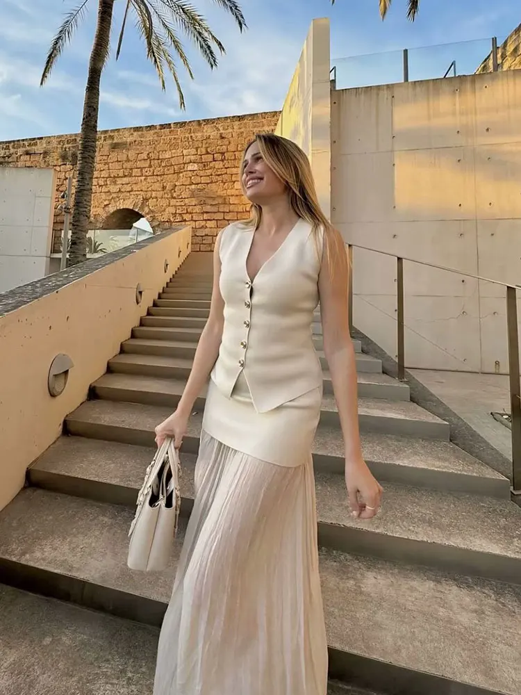 HH Women Fashion Knitted Vest Skirts Sets Single-Breasted V Neck Vests Tops Folded Splicing Midi Skirt Office Lady Suits