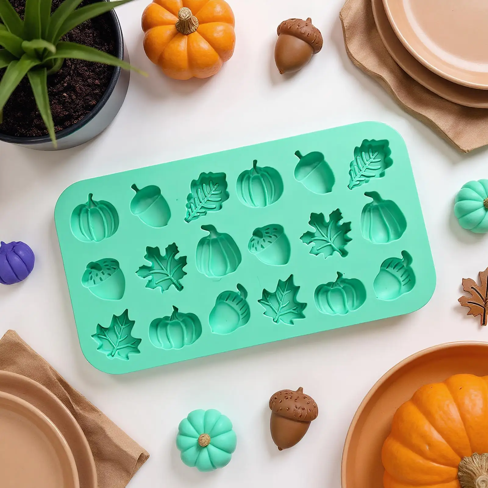 Fall Resin Molds 18-Cavity Candy Pumpkin Pine Cone Maple Leaves Moulds Mini Silicone Non Stick Easy Release Molds for Craft Soap