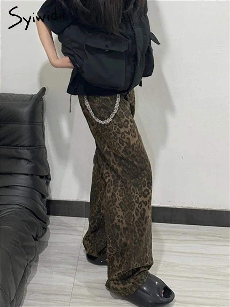 Syiwidii 여성용 레오파드 무늬 Y2k 청바지, 빈티지 패션, 하이웨이스트 카고 데님 바지, 하이 스트리트, 헐렁한 캐주얼 와이드 레그 바지