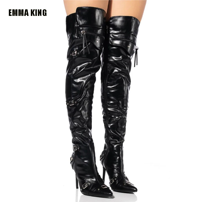 

2022 Black Thigh High Boots Pointed Toe Stiletto Heels Boots Over Knee Belt Buckle Shoes Plus Size 44 Women Winter Long Boots
