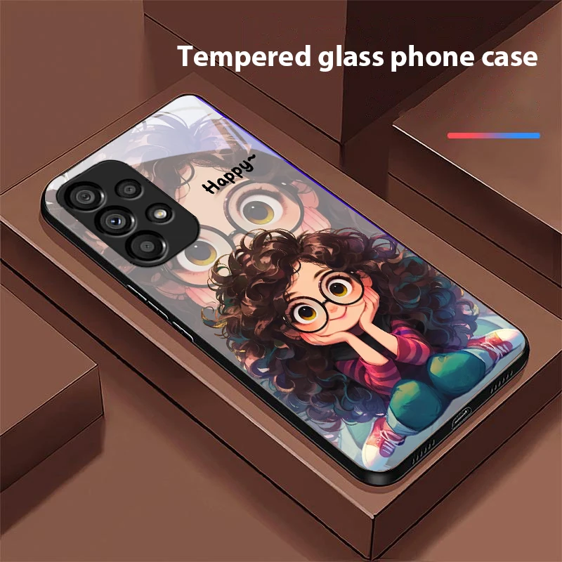 Curly Haired Girl Black Tempered Glass Phone Case - Hard Shell