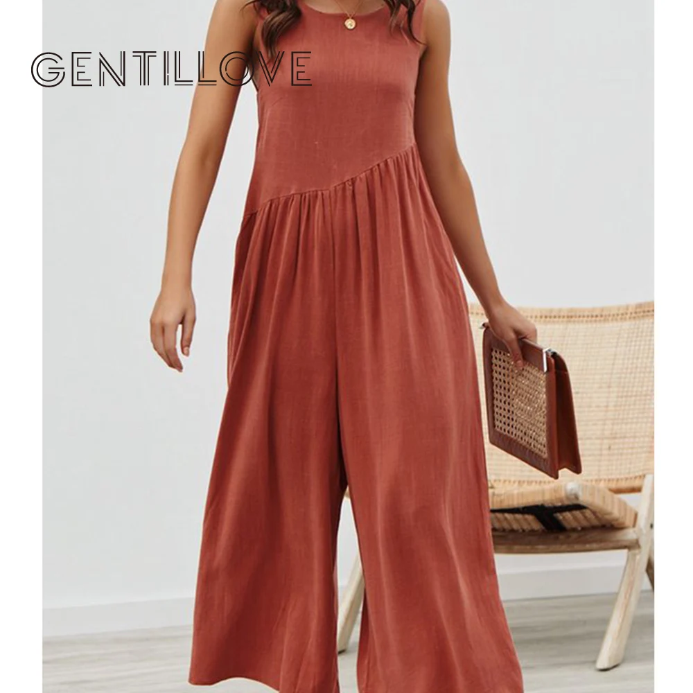 

Gentillove Women Summer Backless Pockets Wide Leg Jumpsuits Cotton Linen Oversized Trousers Casual Sleeveless Loose Jumpsuits