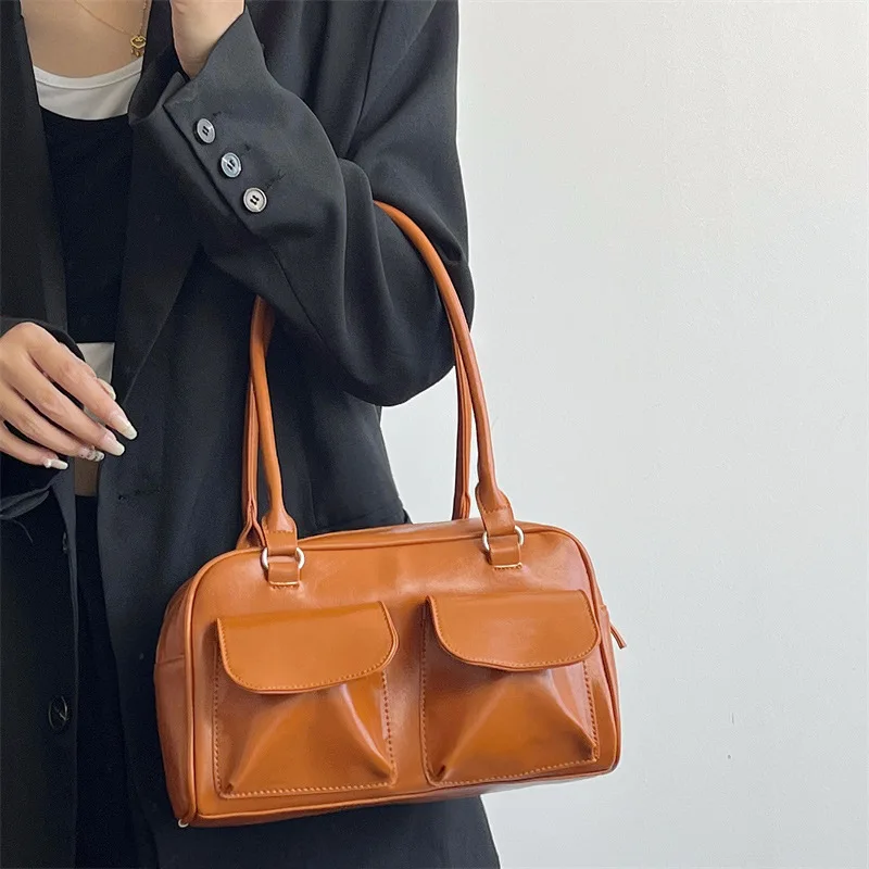 Leather Handbag Lux Trendy Street Korea Designer Bowling Box Handbag for Women Boston Tote Bag Pu Leather Bag Female Accessory