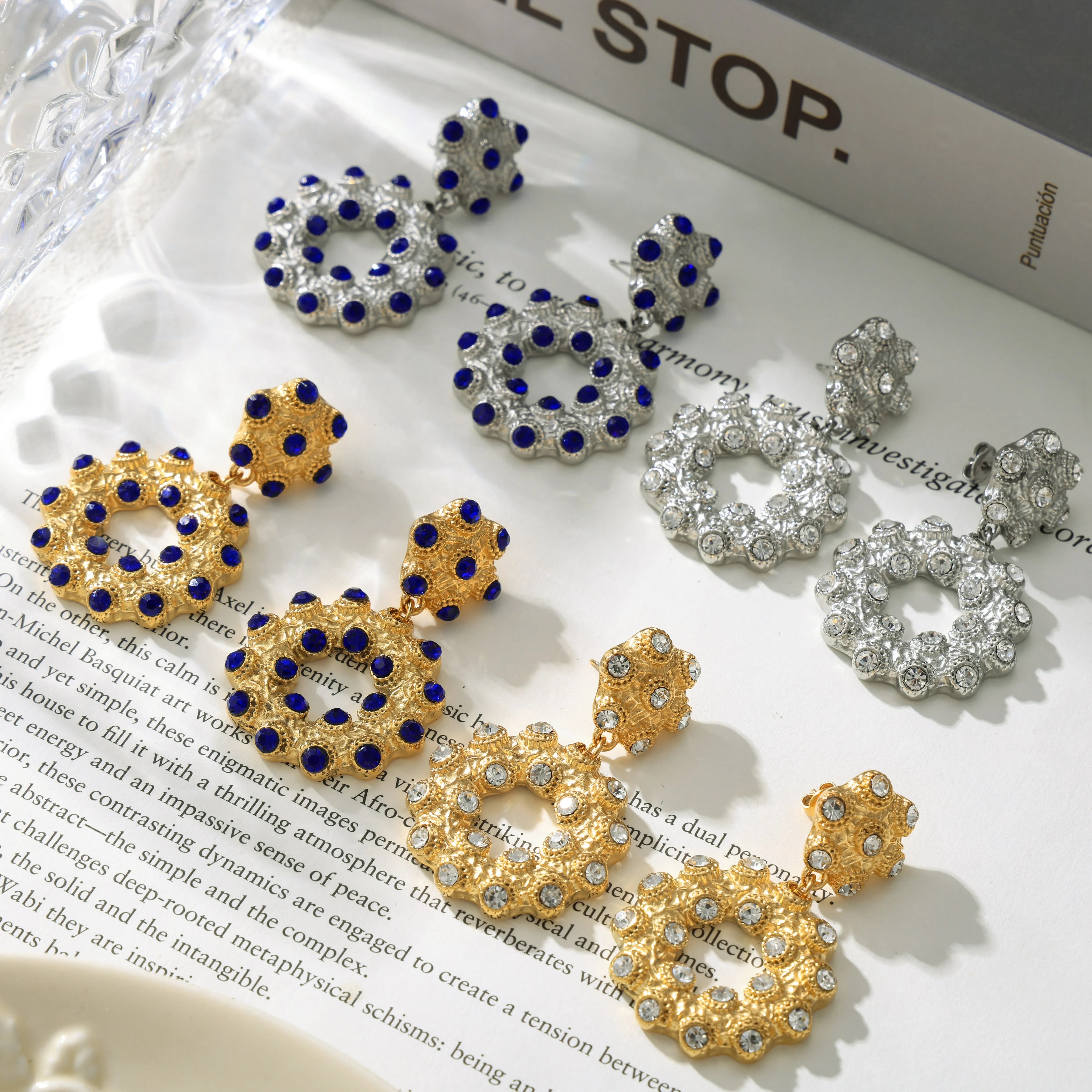 S06d7d48dbcf0490ba21e3d70419c2eadC Blue White Rhinestone Dangle Earrings For Women Stainless Steel Double Layer Round Drop Earrings Women Waterproof Jewelry Mallzona