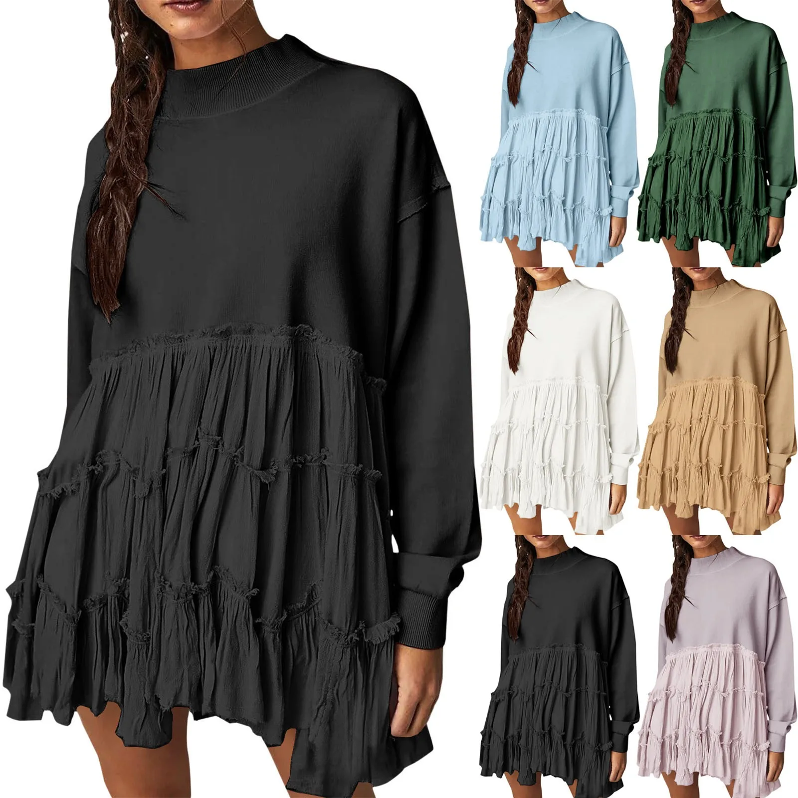 

Jogging Sweatshirt Women Blouse Oversize Pullover Sweatshirt Dress Long Sleeve Mock Neck Pleated Mesh Skirt Patchwork Sweatshirt