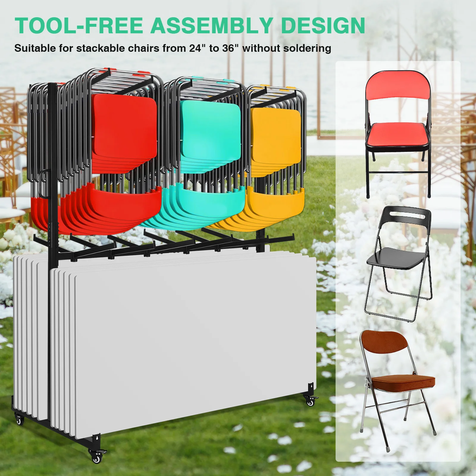 Folding Chair Rack with Locking Rubber Wheels Heavy Duty Folding Chair Cart for 84 Chairs or 12 Tables Storage Rack