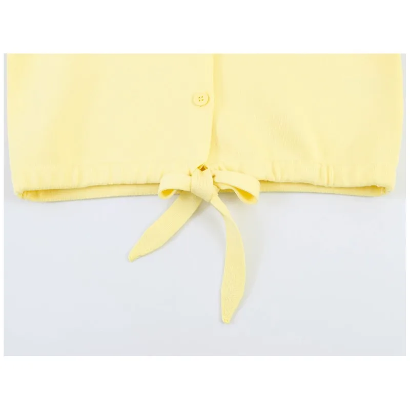 Women's Cardigan with Tie New 2026 Spring Summer Lapel Collar Short Puff Sleeve Knitted Solid Lady Sweater Elastic Female Tops - 6